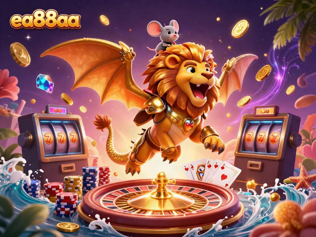 Experience thrilling gameplay at ea88aa with a vibrant casino scene featuring golden coins, a chimera, and playful game elements.