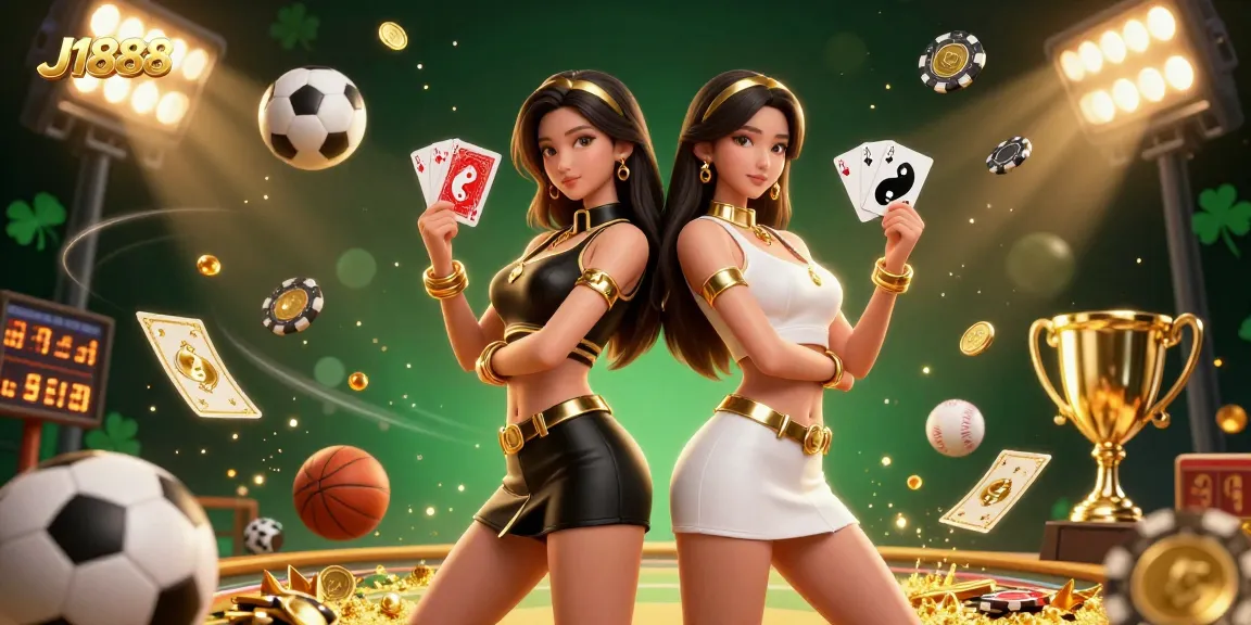 Experience thrilling action with J1888, as stunning twin Asian women showcase their cards in an electrifying casino scene.