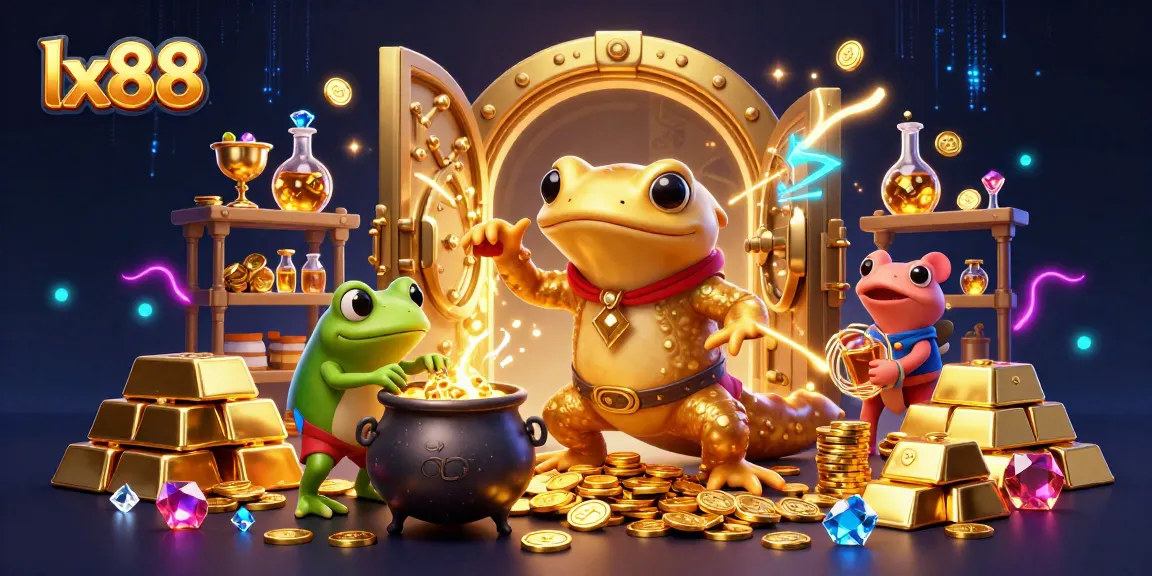 Lx88 engages players with a 3D scene featuring fantasy alchemists turning metals into gold coins in a vibrant casino.