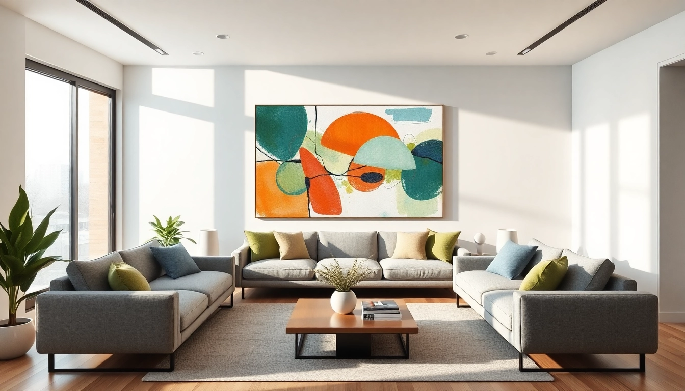 Verleihen Sie Ihrem Raum mit moderner Wandkunst im stilvollen Wohnzimmer eine besondere Note.