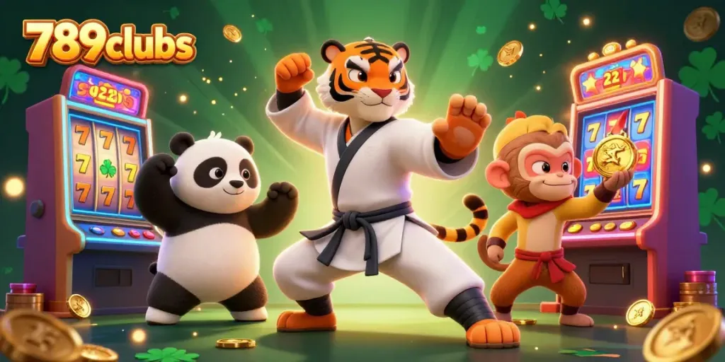 Engaging scene with colorful 3D slot machines and playful characters representing 789clubs.