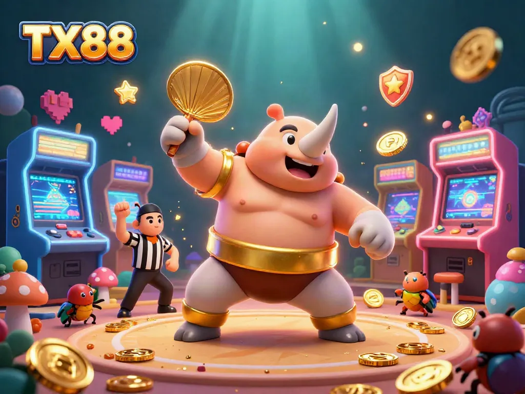 TX88 engages players with a roaring beetle champion amidst colorful casino scenes.