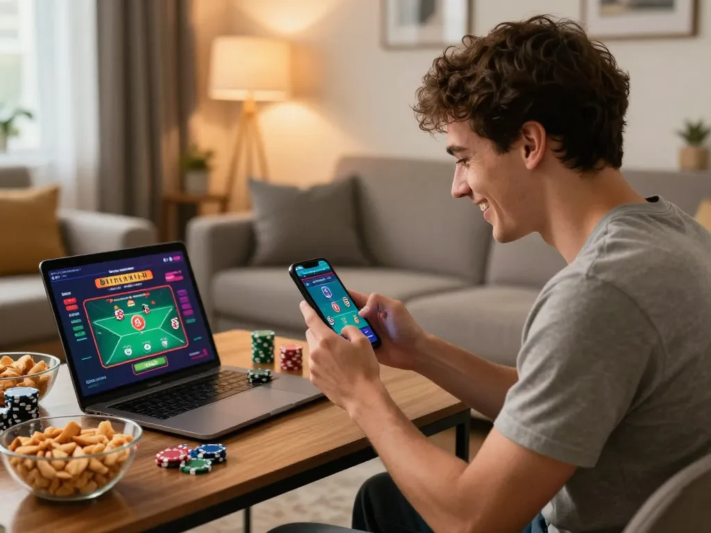 Engaging with casino app on smartphone at https://sv368com.biz/ while enjoying online betting from home.