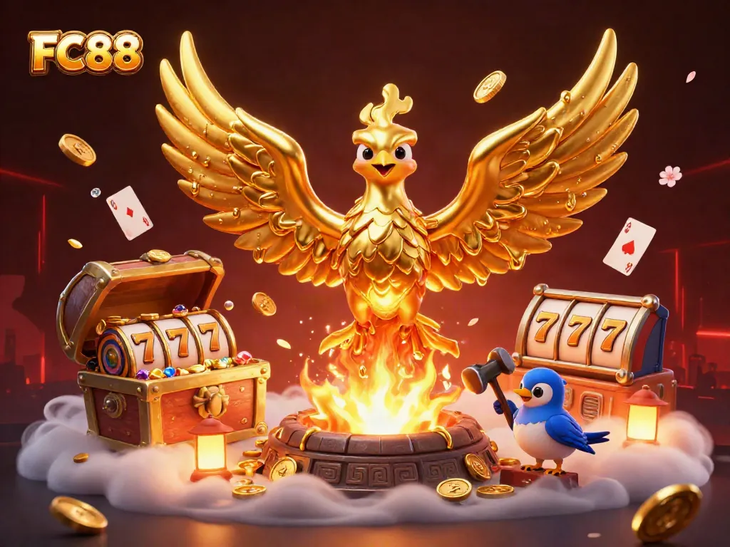 Experience winning strategies with FC88 in this vibrant casino-themed illustration.