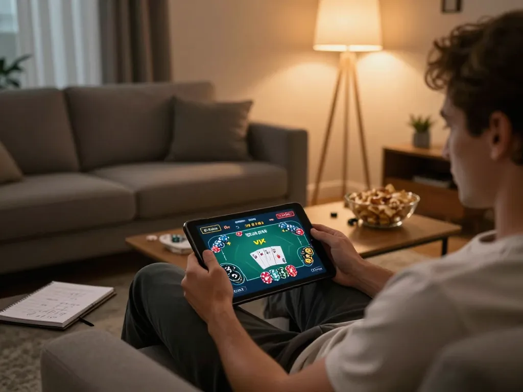 Engaging online gaming with NK88 link displayed on tablet, cozy home atmosphere with strategy notes