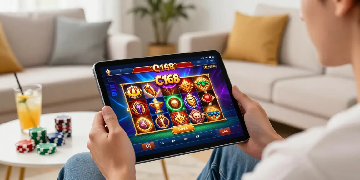 Engaged player enjoying a C168 slot game on a tablet in a cozy living room setting.
