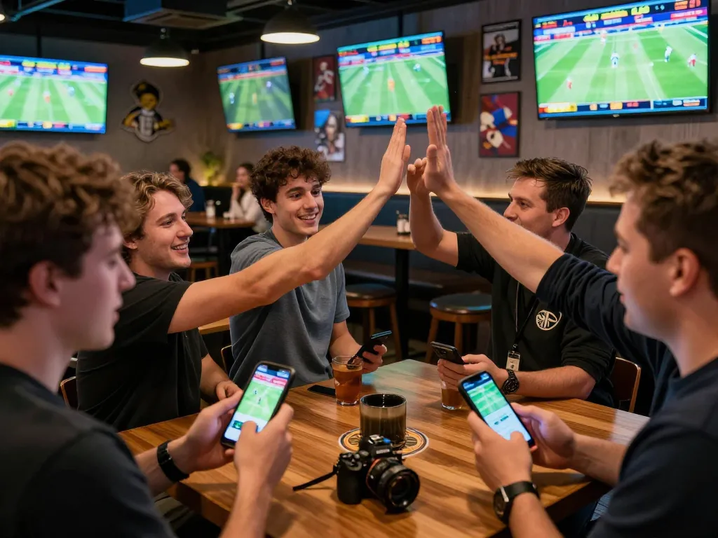Excited punters celebrating wins while using the vwin win betting app in a vibrant sports bar atmosphere.