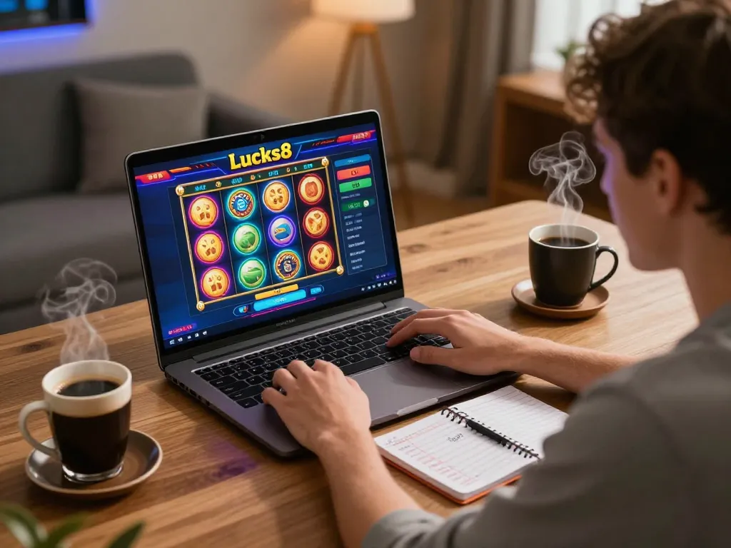 Lucks8 player engaged in online gambling with laptop displaying exciting slot game.