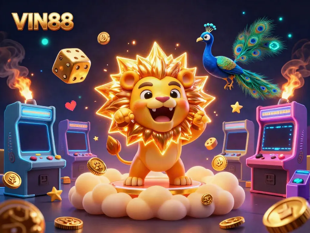 Experience the exciting world of VIN88 with vibrant casino elements surrounded by a golden sun lion and dynamic characters.