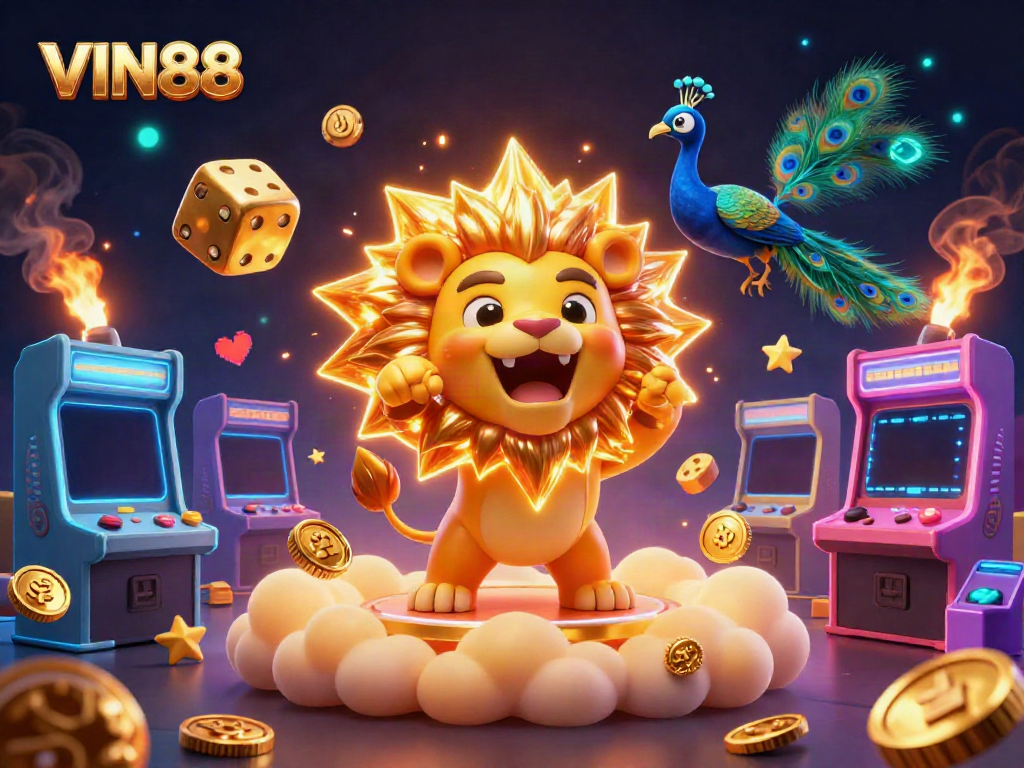 Experience the exciting world of VIN88 with vibrant casino elements surrounded by a golden sun lion and dynamic characters.