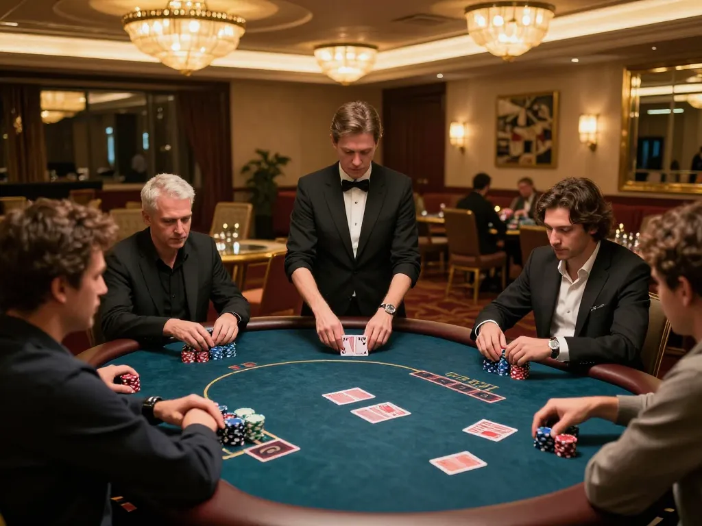 Hubet players strategizing around a high-stakes poker table, showcasing an upscale casino environment.