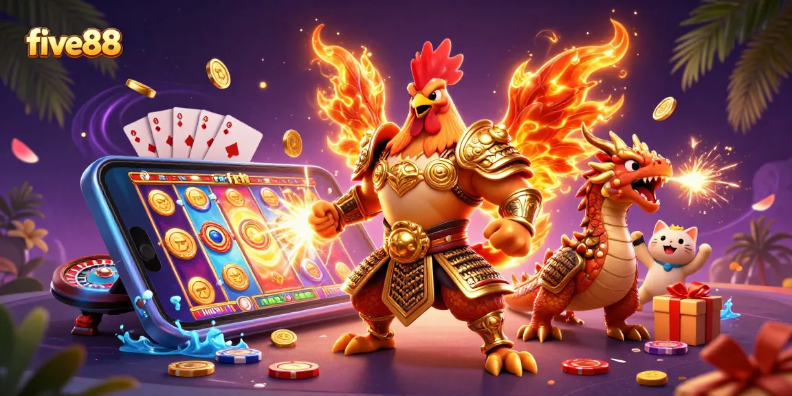Experience the excitement of five88 casino with colorful game reels and lively characters.