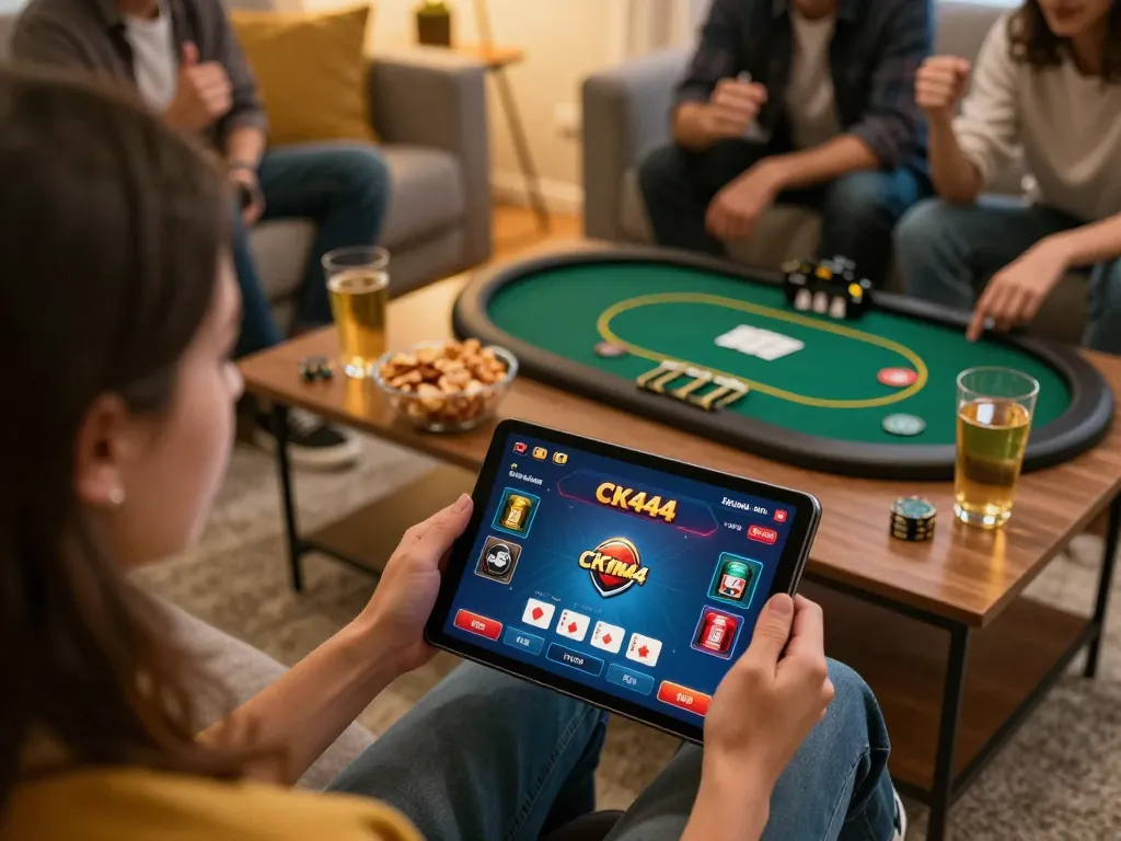 Playing poker on CK444 app in a cozy living room with friends celebrating a win