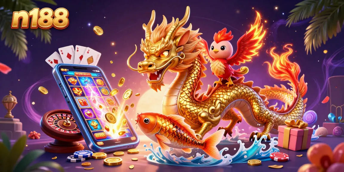 Join the excitement at n188 with thrilling gameplay featuring a golden dragon amidst vibrant casino elements.
