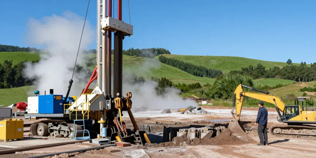 Geothermie Bohrung im Einsatz mit Techniker und Bohrgerät in der Natur.