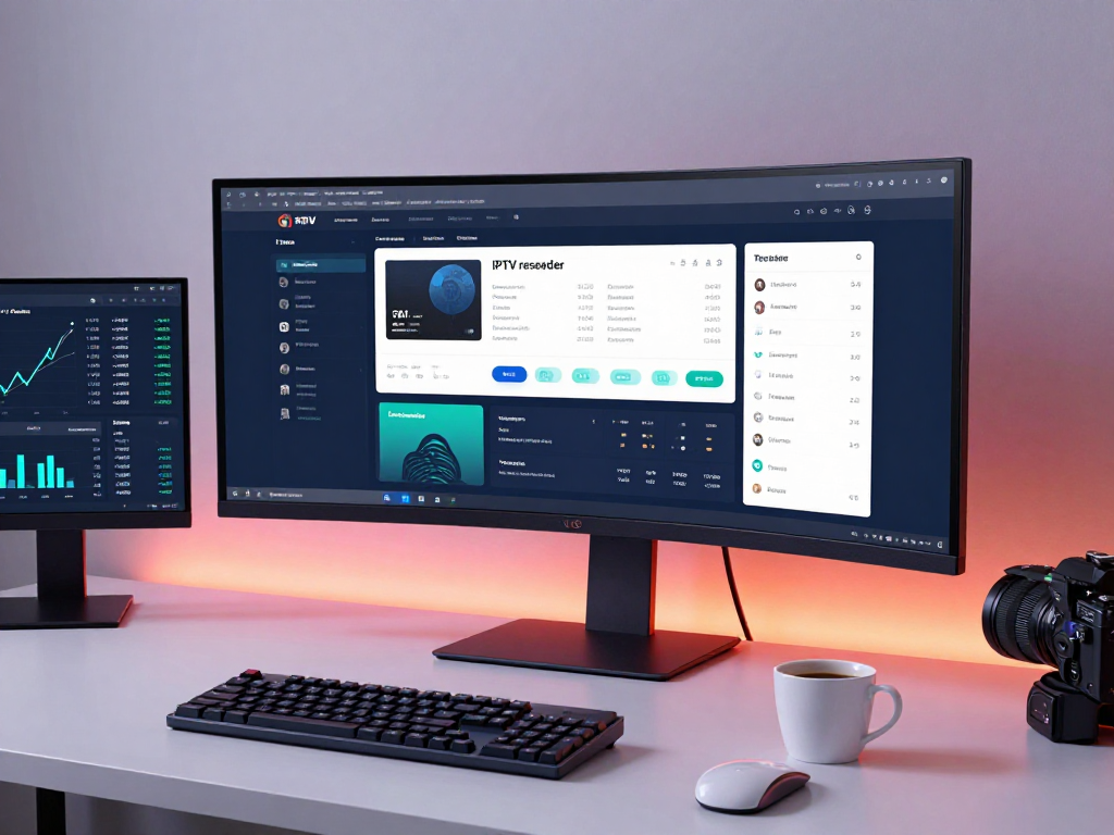IPTV reseller panel displayed in a modern tech workspace with subscription data analytics.
