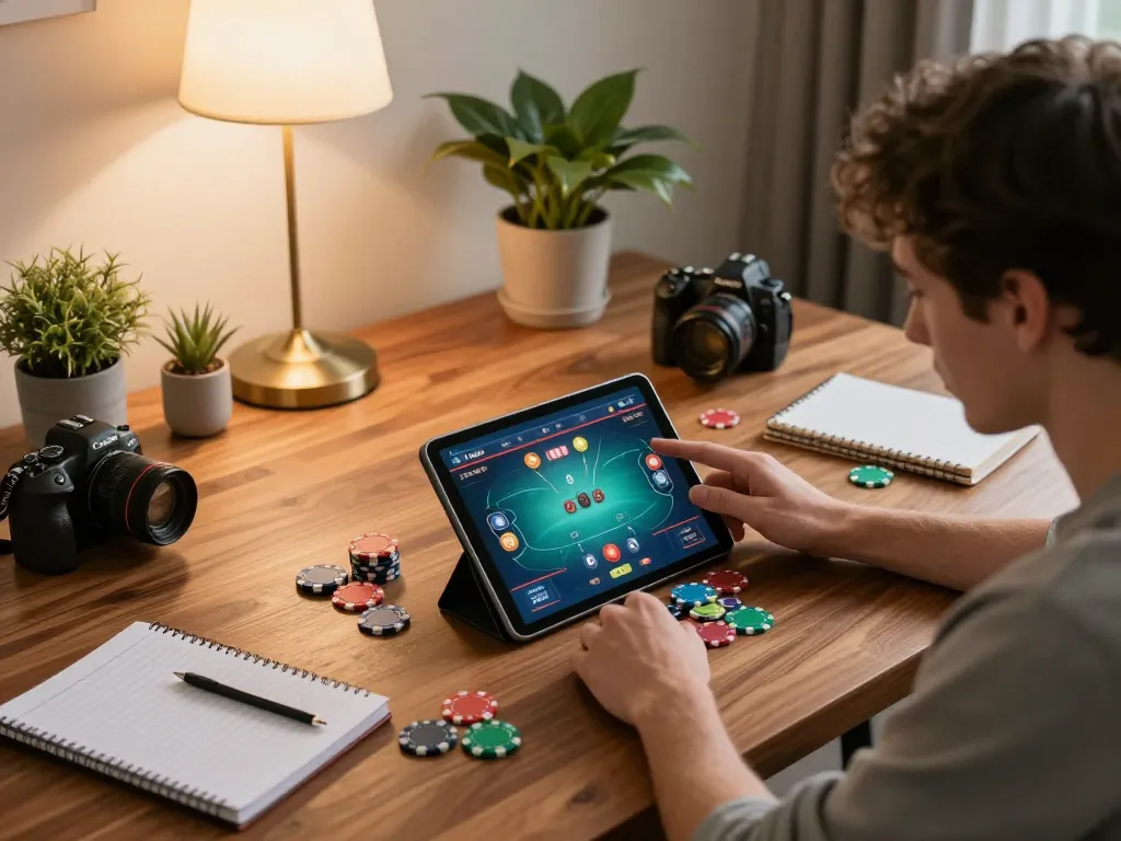 Engaging online poker gameplay on fly88 in a cozy home setup with focused player and vibrant chips