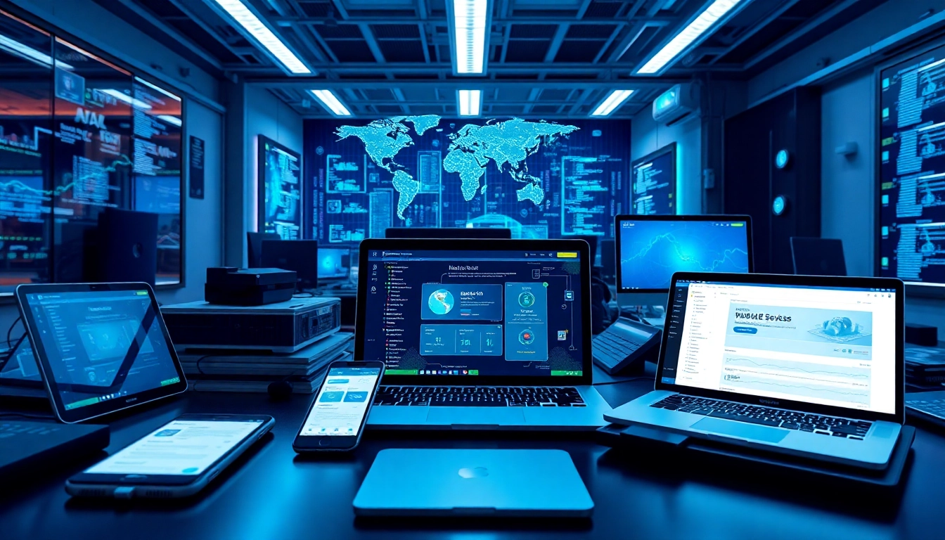 快连官网 user interface displayed on multiple devices in a modern workspace.