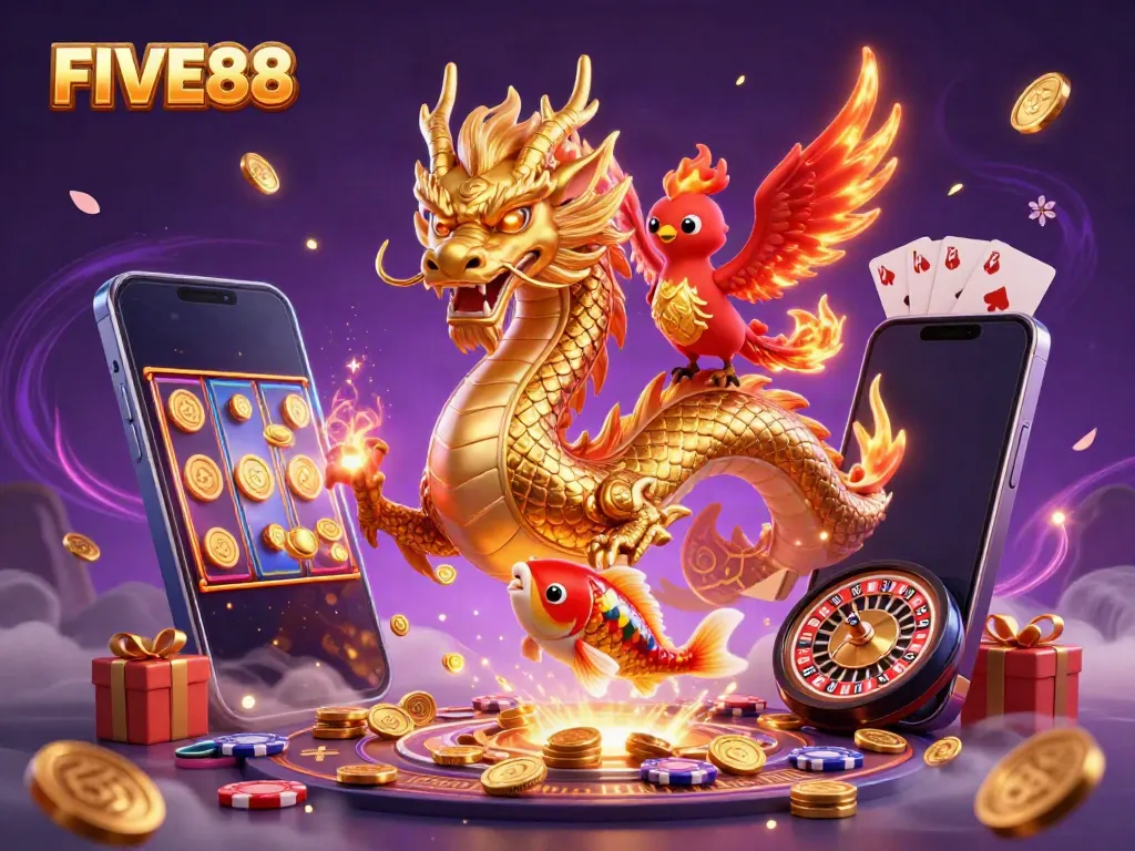 Experience thrilling wins at FIVE88 with a majestic dragon, phoenix, and koi fish in action.