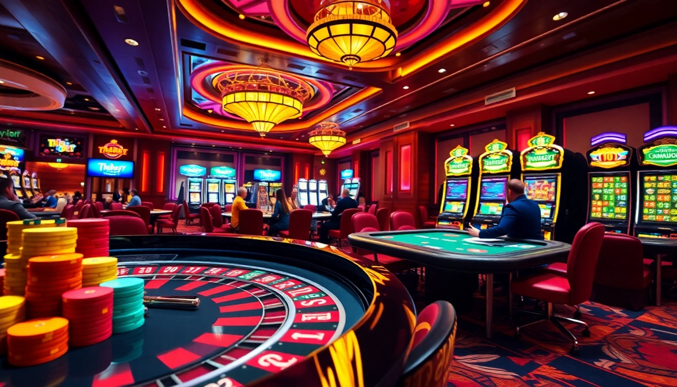 Experience thrilling gaming at Thabet77 with lively casino tables and vibrant slot machines.