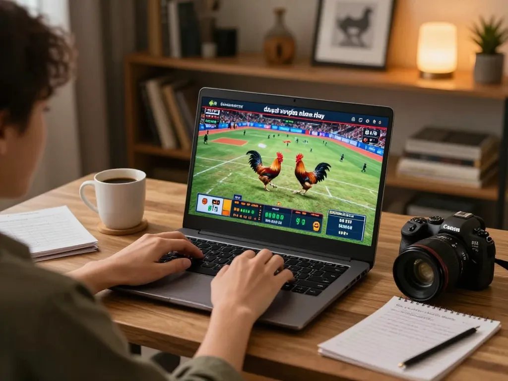 Watching đá gà trực tiếp hôm nay on a laptop at home, highlighting the excitement of live betting.