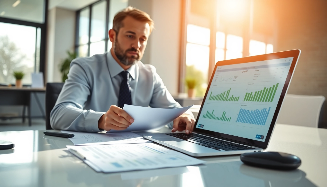 Kreditvergleich: Finanzberater analysiert verschiedene Kreditoptionen am Schreibtisch.