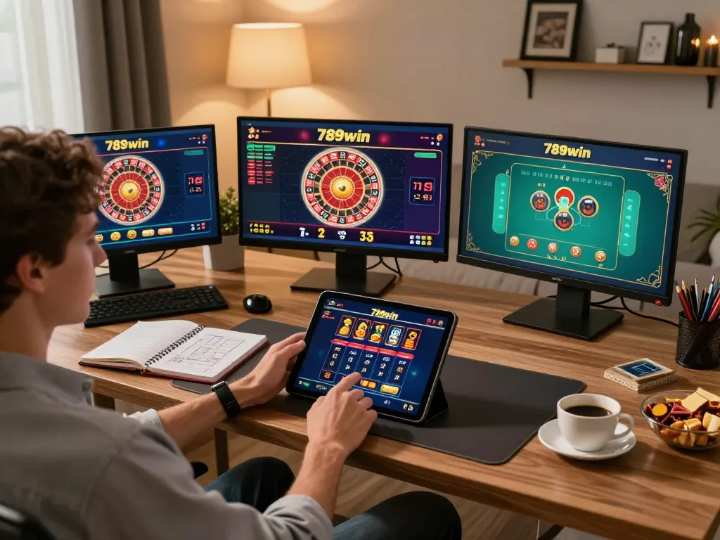 Engaging with the 789win 37 casino app on a stylish home office setup, showcasing a dynamic gaming strategy.