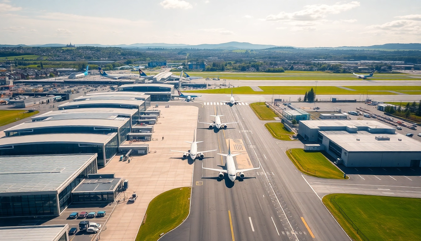 Flughafen Edinburgh mit lebhaften Terminals und umliegender Landschaft fotografiert