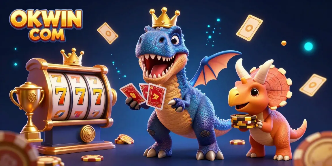 Engage in thrilling slots at OKWIN COM with a lively illustration of casino characters and games.