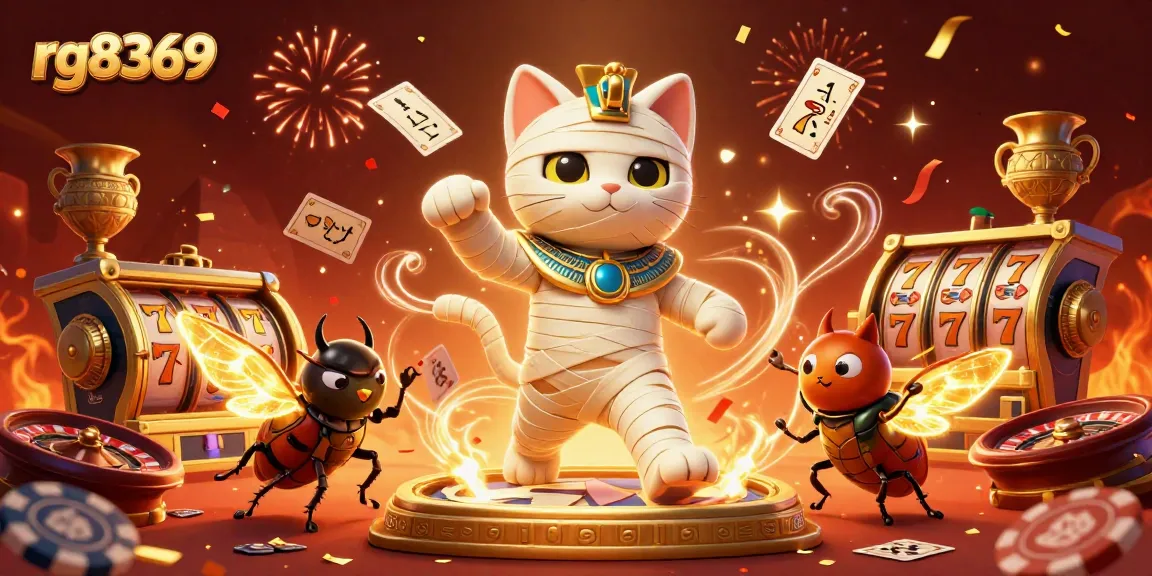 Experience thrilling moments at rg8369 with a vibrant scene of a mummy cat and a scarab beetle surrounded by dynamic casino elements.