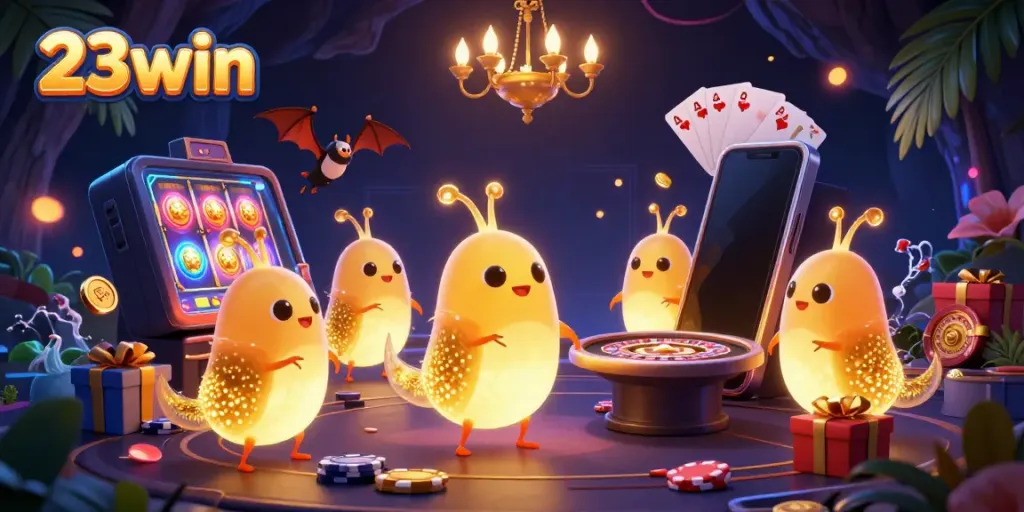 Experience gaming action at 23win with vibrant glowworm characters lighting up a colorful casino scene.