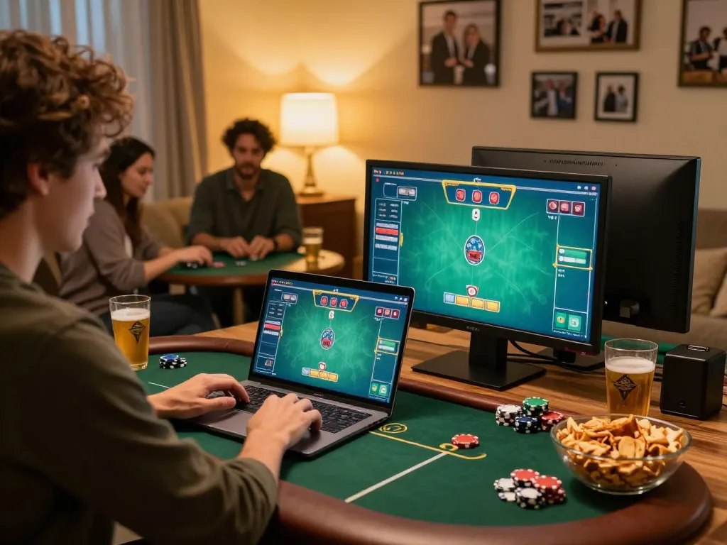Winwin player enjoying a poker game on a laptop in a cozy home setup, emphasizing strategic play and ambience.