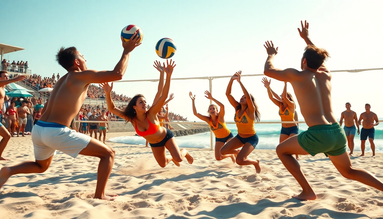 Spannendes Beachvolleyball-Match bei https://thebeachvolleyballcamps.com/ mit strahlendem Sonnenschein und begeisterten Zuschauern.