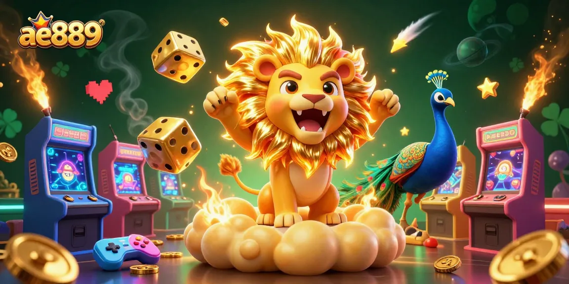 Experience the excitement with ae889 featuring a cartoon lion, golden dice, and vibrant gaming elements.