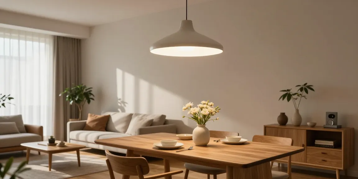 Elegante Japandi Deckenlampen, die einen minimalistischen Essbereich mit natürlichen Elementen beleuchten.