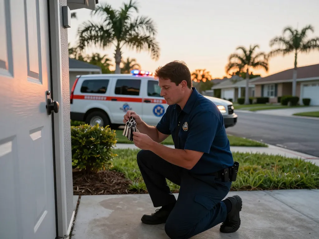 Emergency locksmith in Port St. Lucie quickly responding to a home lockout situation with tools.