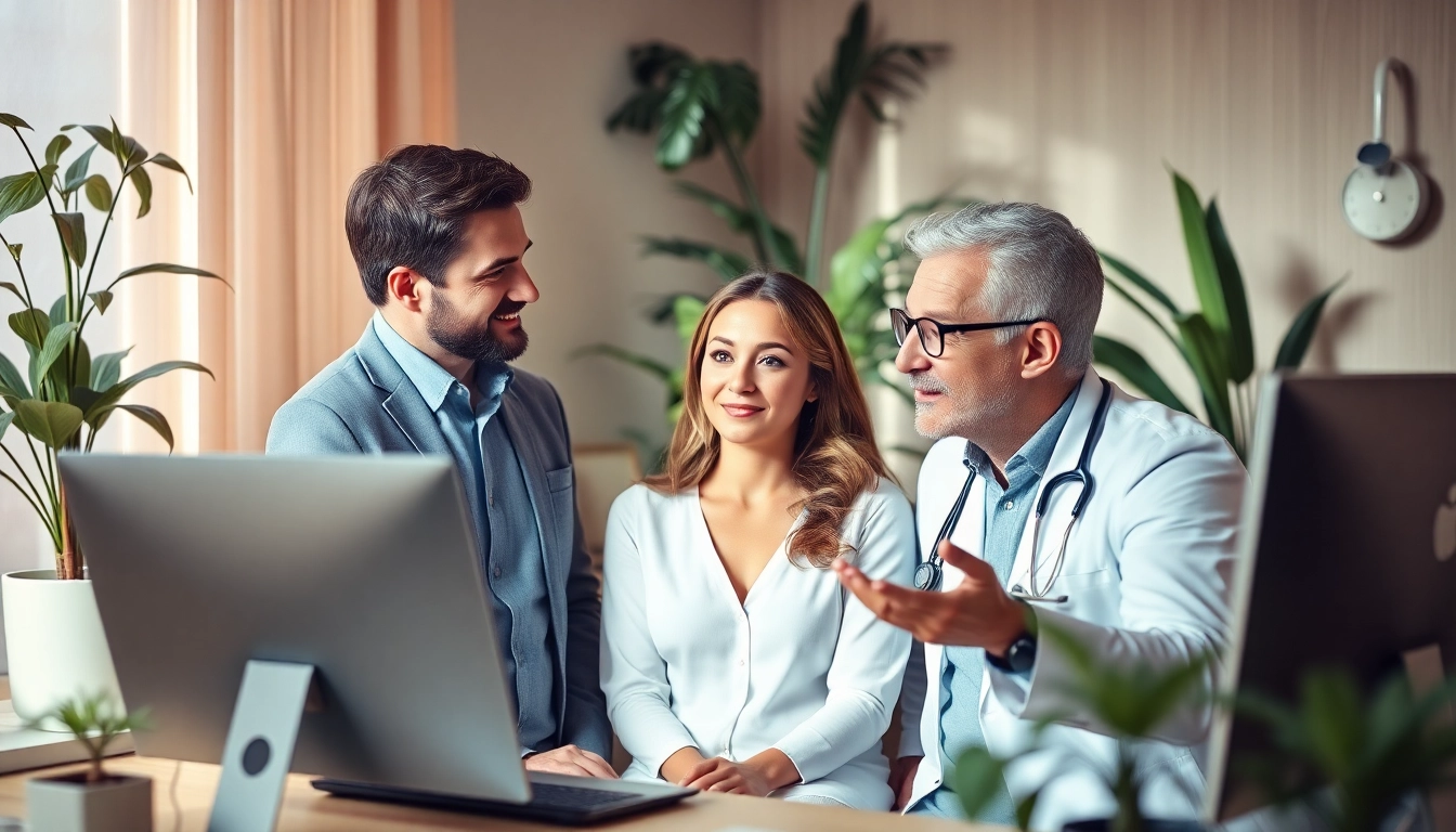 Informative consultation about dänische samenbank with a couple and a specialist in a welcoming clinic.