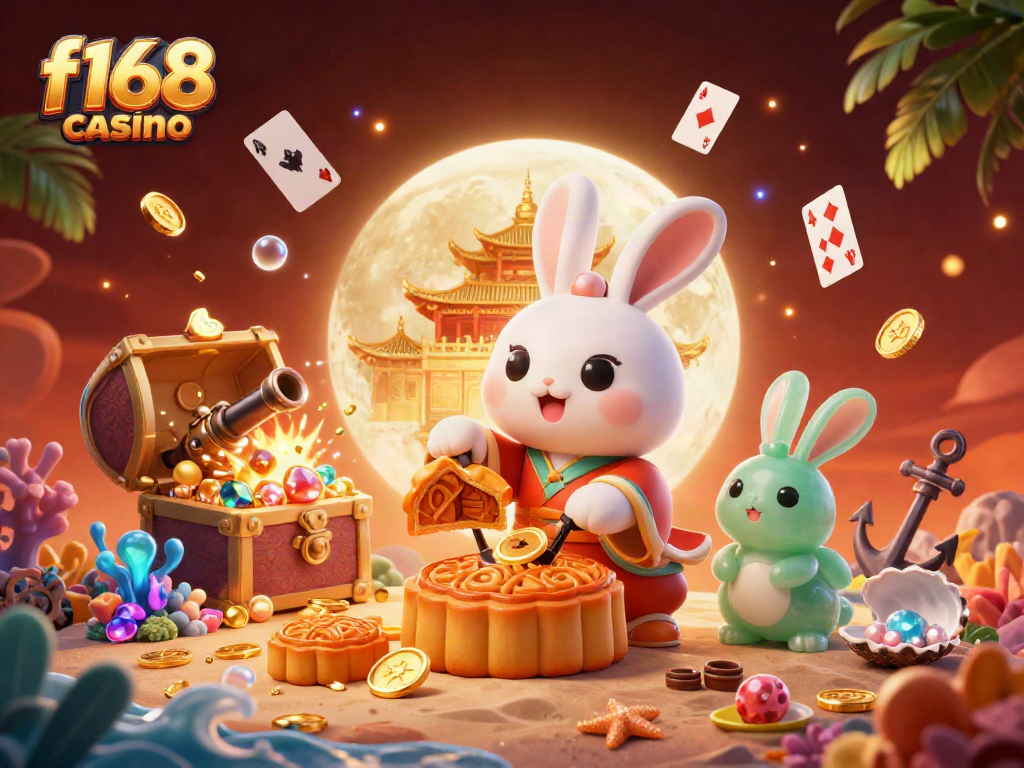 Join the adventure at f168 casino with a playful moon rabbit revealing hidden poker chips.