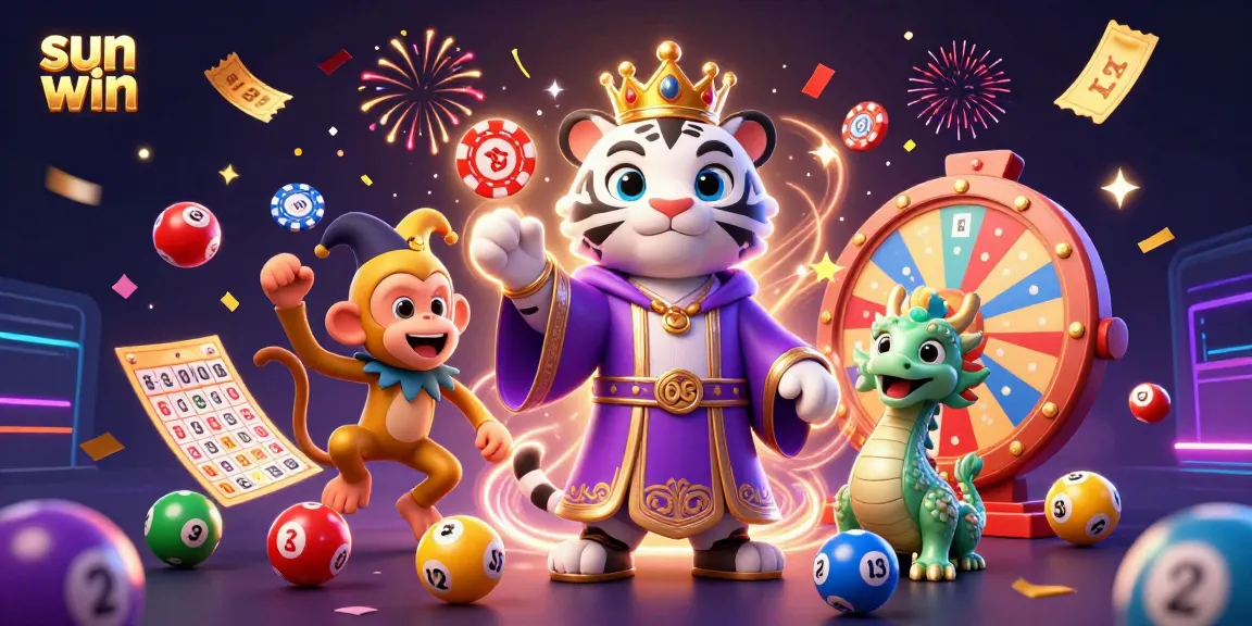 Engage with sun win as playful characters celebrate with lottery balls and confetti.