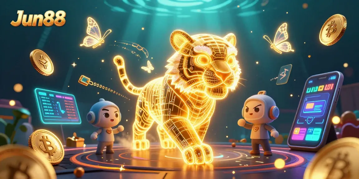 Experience the excitement of Jun88 with a vibrant digital casino scene featuring a luminous tiger and crypto elements.