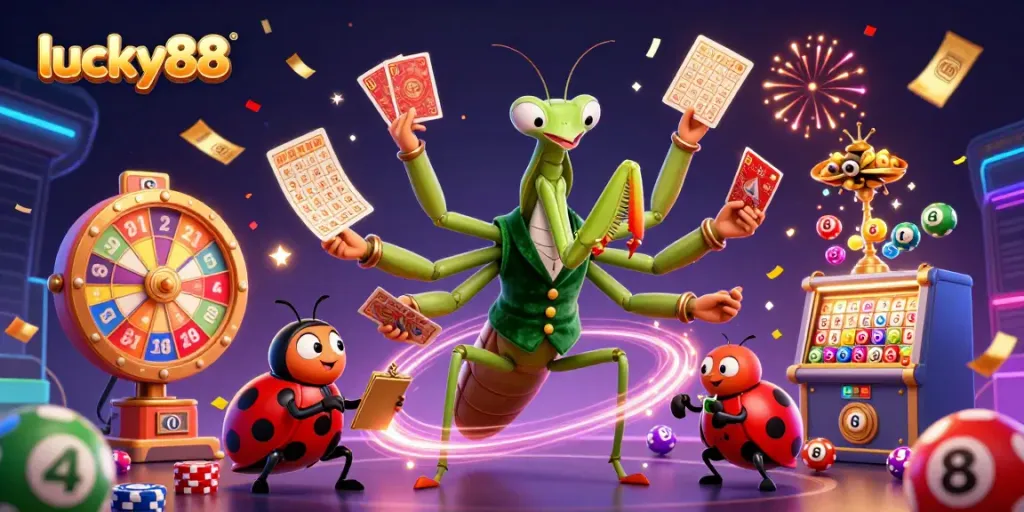 Win big at lucky88 with vibrant casino characters and dynamic gaming elements in this lively illustration.