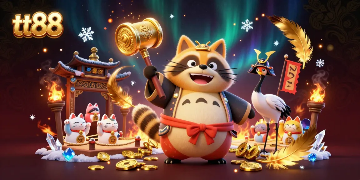 Engage with the vibrant world of tt88 as the joyful tanuki celebrates fortune surrounded by lucky symbols.