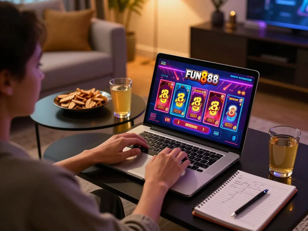 Engaging player enjoying fun 88 game on laptop in comfortable home setting, highlighting online gaming experience.