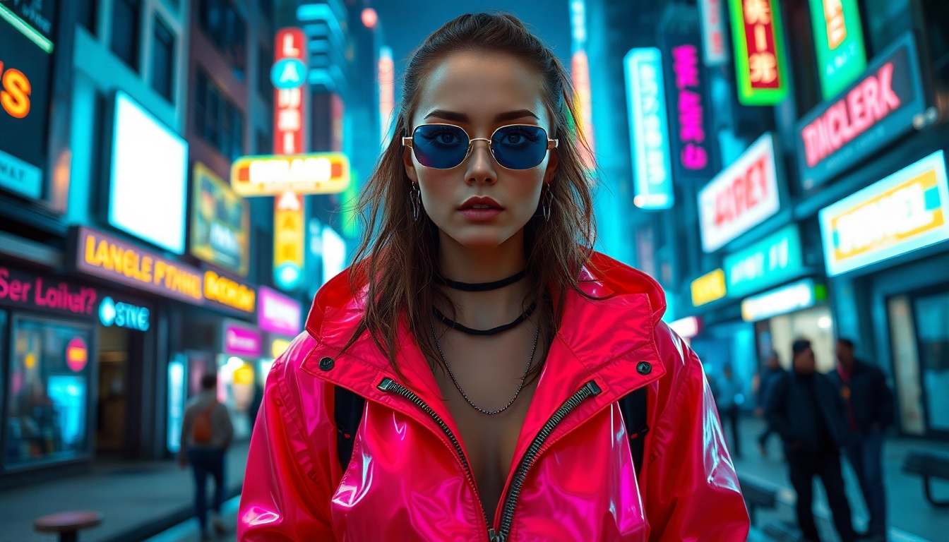 Kreative Auswahl an cyberpunk clothing, getragen von Model in einer dynamischen städtischen Umgebung.