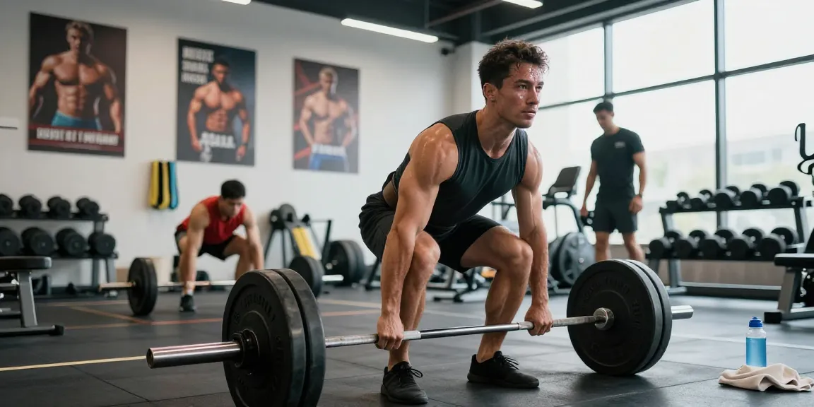 Kraftsportler im Anabolika Shop Deutschland beim Kreuzheben, konzentrierte Atmosphäre im modernen Fitnessstudio.