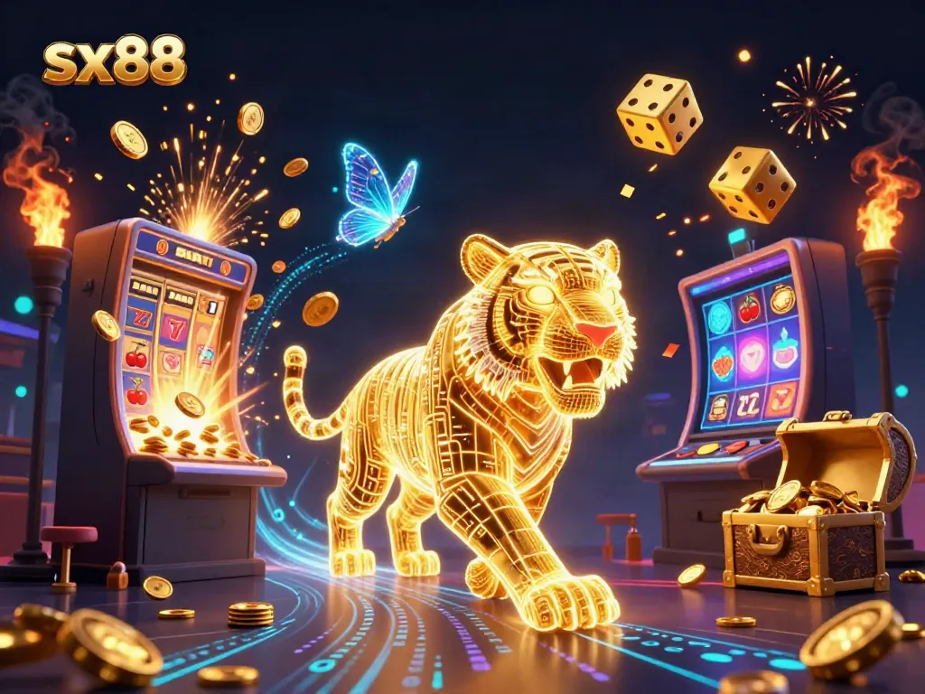 Experience the excitement of sx88 with a vibrant casino scene showcasing a neon tiger and jackpot elements.