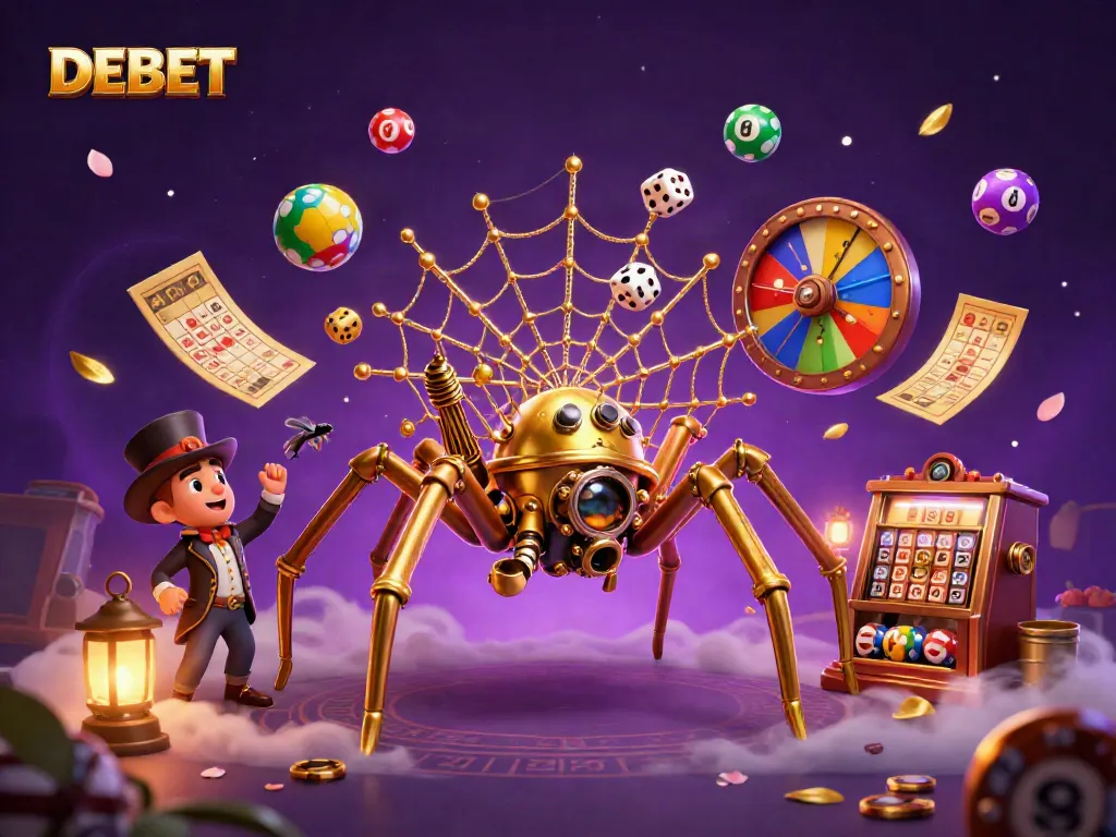 DEBET features a steampunk spider and Victorian fly in a vibrant casino scene with lottery elements.