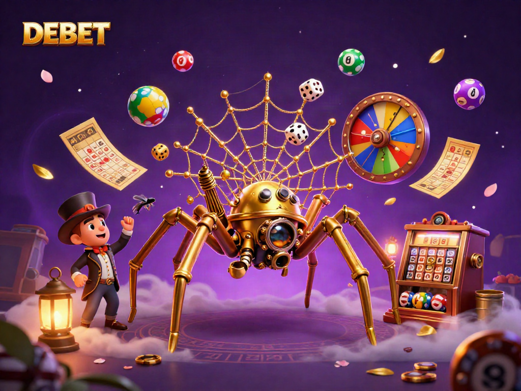 DEBET features a steampunk spider and Victorian fly in a vibrant casino scene with lottery elements.