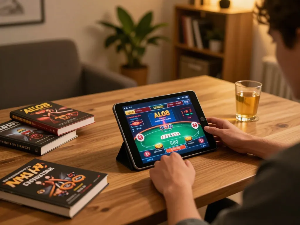 Player engaging with ALO8 online casino on tablet in cozy setting.