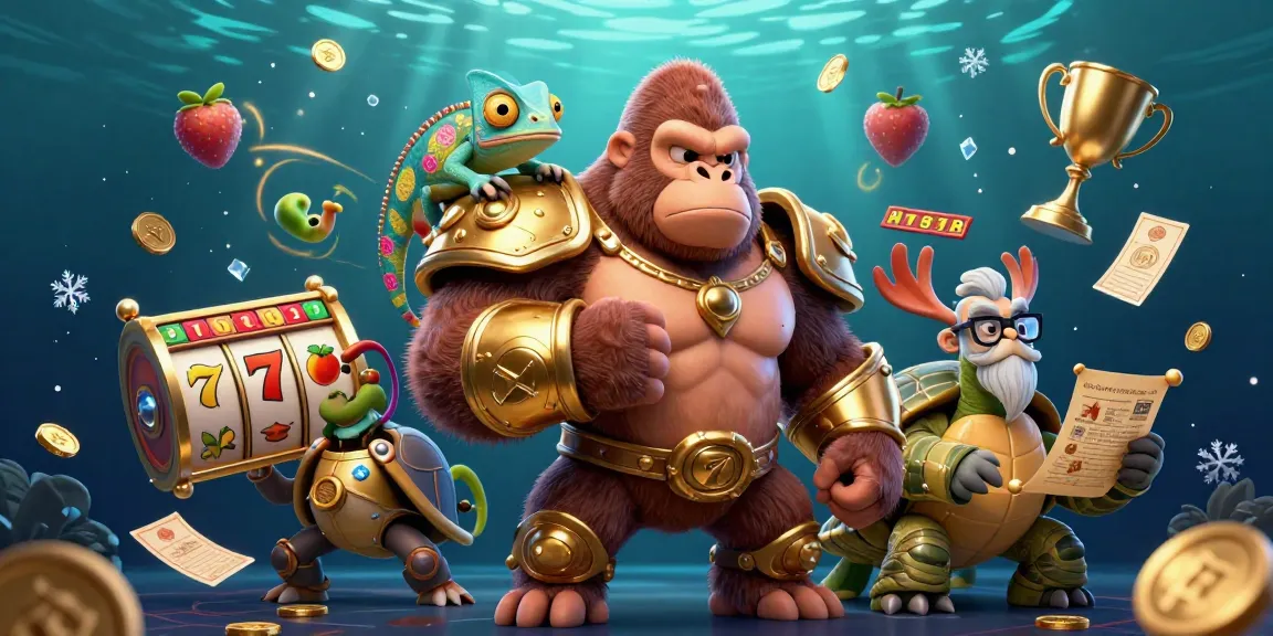 88CLB a powerful gorilla king and companions celebrate in a vibrant gambling scene filled with slot machines, coins, and trophies.